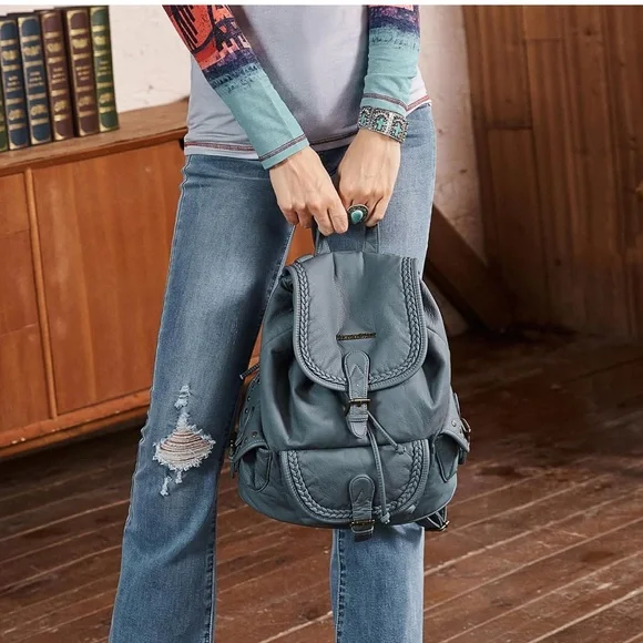 Montana West Gray Vintage Backpack with Braided Trim - Picture 3 of 6